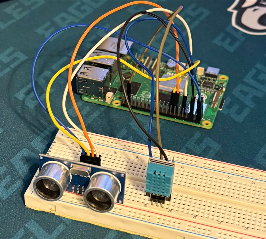 IoT sensor network with Raspberry Pi, ultrasonic sensors, and temperature/humidity sensor